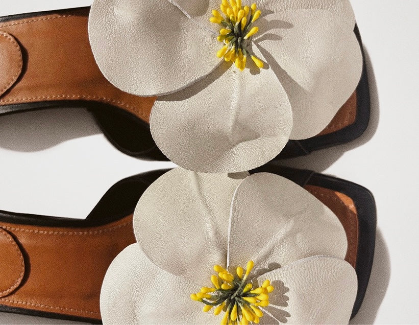 Leather Black Kitten Heels with Flower Charm
